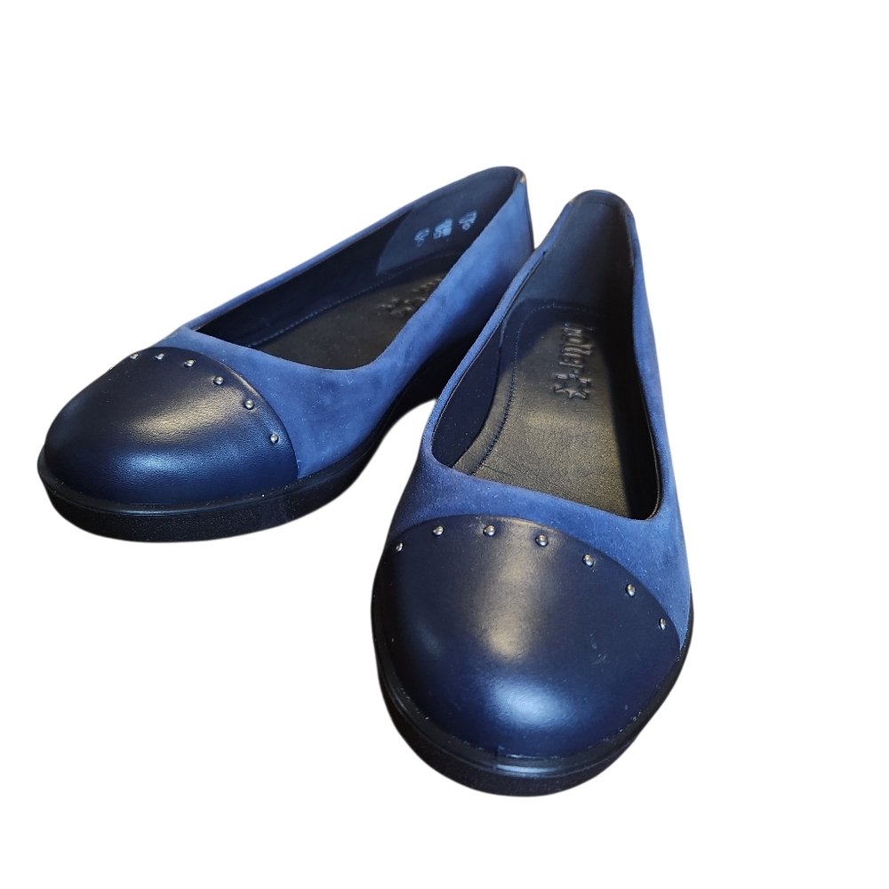 HOTTER Angel Low Wedge Slip On Size 7.5 Navy Blue Nubuck Suede Women's Flats NEW
